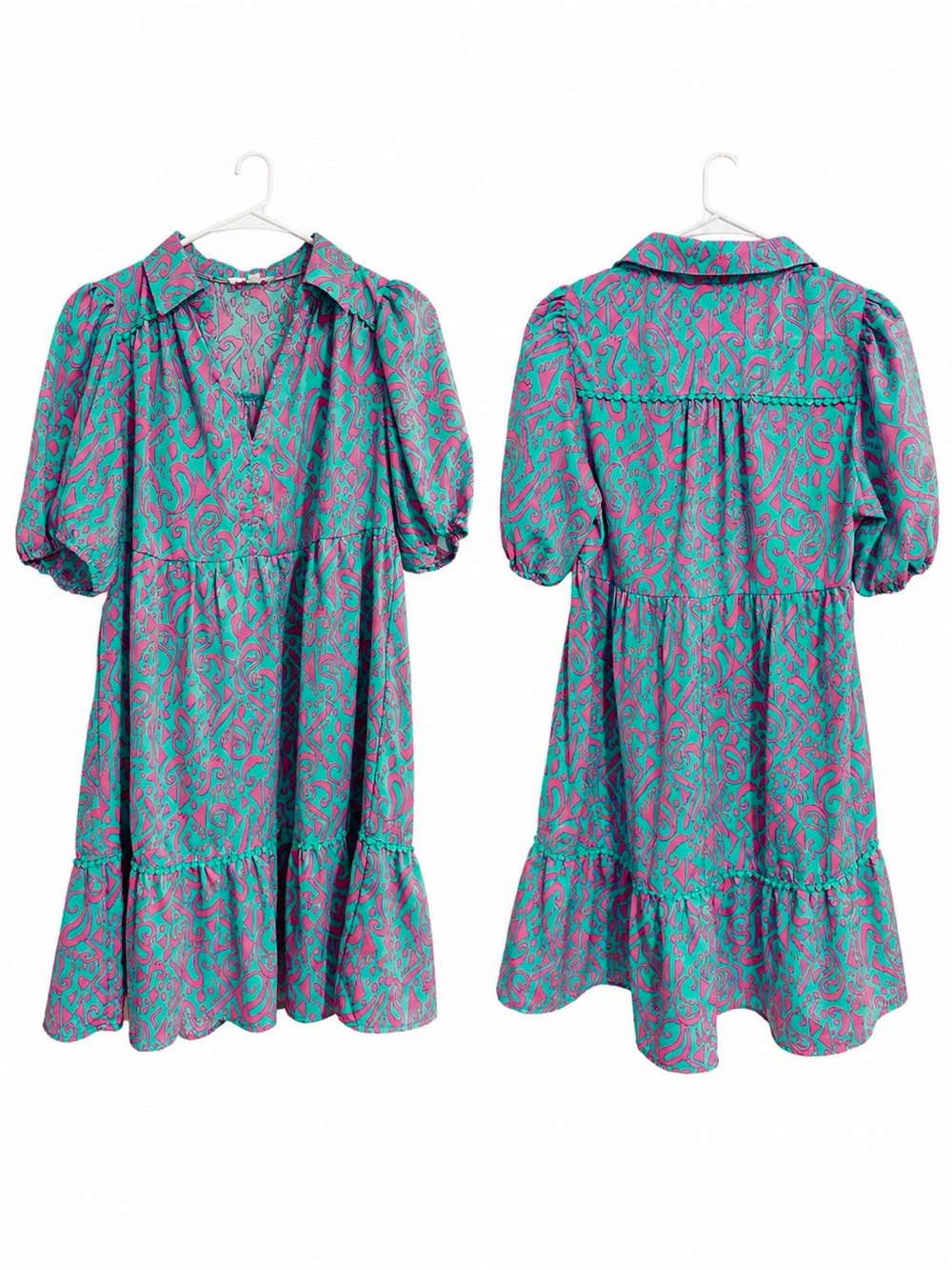 Umgee Abstract Pink & Turquoise Puff Sleeve Tiered Babydoll Dress S